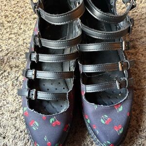 T.U.K. Black and Red Cherry Print strappy Mary Jane’s size 10W